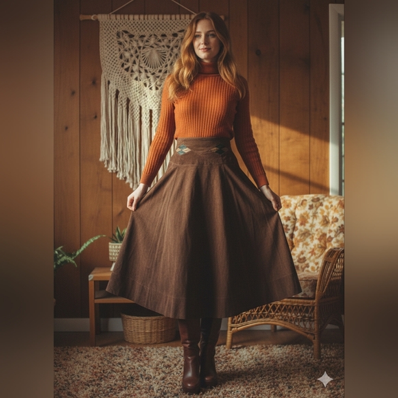 SM Real Suede Brown A-Line Skirt Vintage Genuine Leather Diamond Marquis - Picture 16 of 16